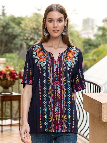 

Camicetta Floreale Tribale Ricamato, Blu_scuro, Blouses & Shirts
