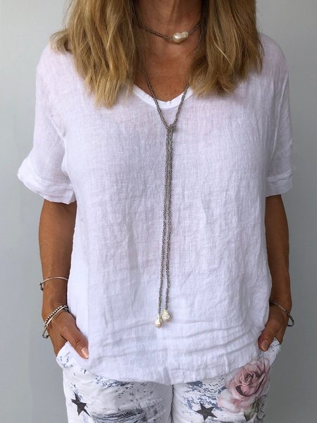 

Women Casual Linen Crew Neck Plain Short Sleeve Summer T-shirt, White, Tops