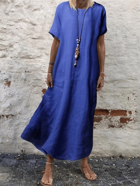 

Crew Neck Solid Short Sleeve Casual Dress, Blue, Maxi Dresses