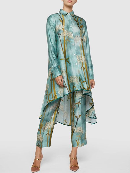 

Asymmetric Printed Elegant Top with Pants Set, Green, Two-piece Set