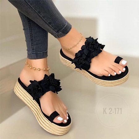 

JFN Women Casual Daily Flower Slip On Platform Sandals, Black, Sandals