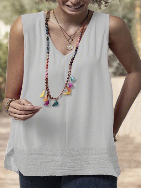 

V Neck Solid Hollowed Sleeveless Top, Black, Blouses & Shirts