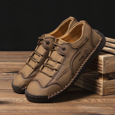 

Men Hand Stitching Leather Non Slip Soft Sole Outdoor Casual Shoes, Khaki, Men's flat & loafers