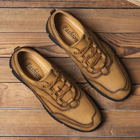 

Men Hand Stitching Leather Non-slip Flats, Yellow, Men's flat & loafers