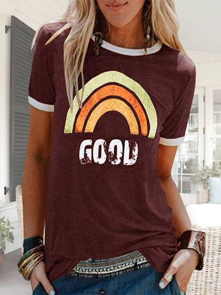 

Casual Simple Loose Print T-Shirt, Red wine, T-Shirts