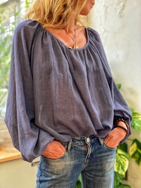 

Top di Cotone Tinta unita a Maniche Lunghe a Girocollo, Navy blu, Blouses & Shirts
