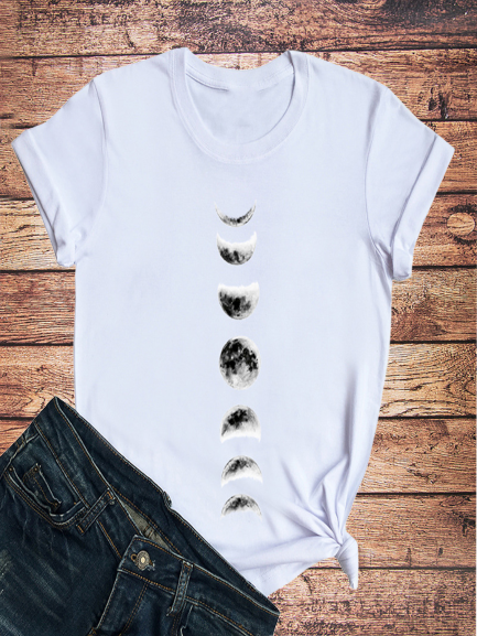 

Vintage Moon Planet Printed Plus Size Short Sleeve Casual Tops, White, T-Shirts