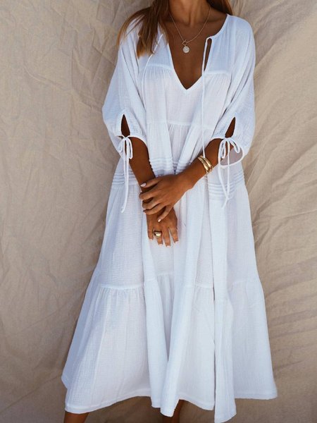 

White Cotton-Blend Casual Weaving Dress, Dresses