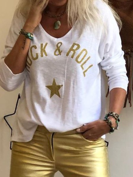 

Top con Scollo a V Stampato Floreale, Bianco, T-Shirts