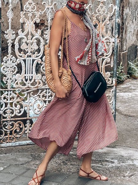One-Pieces di Chiffone senza maniche Scollo a V a pois, Rosso, Jumpsuits