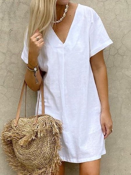 

Abito con Scollo a V Casuale, Bianco, Midi Dresses