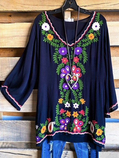 

Floral Vintage V Neck Shirts & Tops, Deep blue, Auto-Clearance
