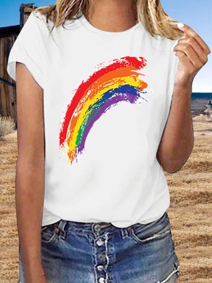 

Women White Summer Rainbow Printed Short Sleeve Casual Top, Tees & T-shirts