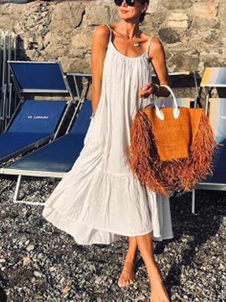 

White Cotton Spaghetti A-Line Cold Shoulder Knitting Dress, Dresses