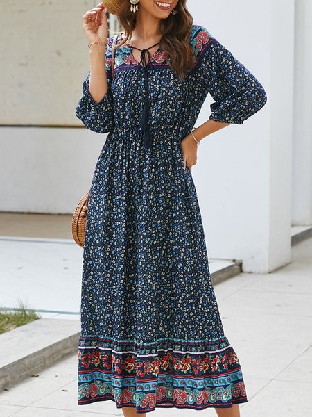 

Summer Beach 3/4 Sleeve Boho V Neck Midi Dress, Royal blue, Midi Dresses