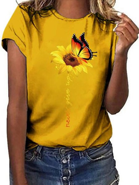 

Women's Butterfly Sunflower Graphic Round Neck T-shirt, Yellow, T-shirts