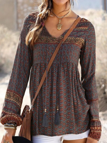 

Brown Floral Floral-Print V Neck Holiday Tops, Tops