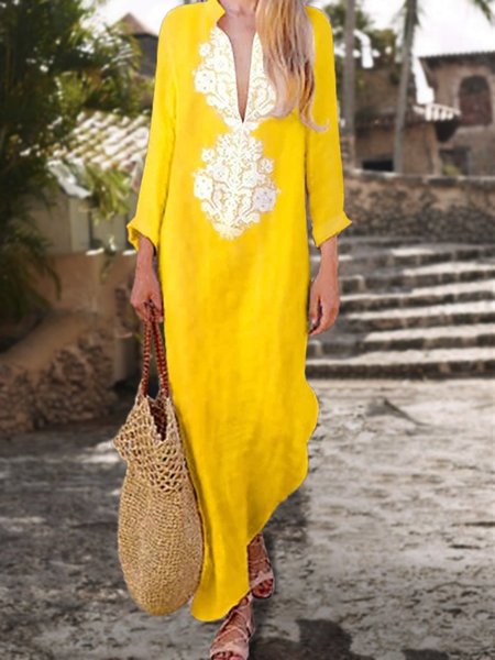 

Fashionable Plus Size Line Casual V-Neck Maxi Dress, Yellow, Dresses