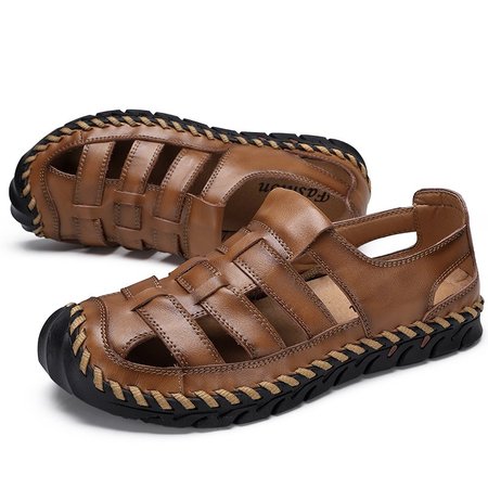 

Men Cow Leather Hand Stitching Non Slip Large Size Soft Sole Sandals, Yellow brown, Men's Sandals
