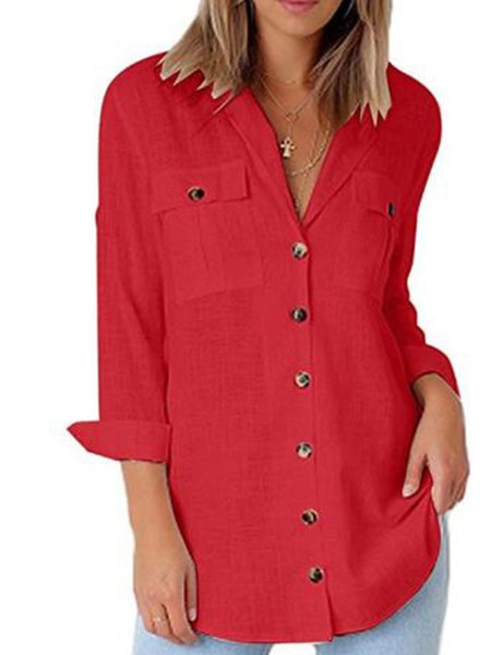 

zolucky Shirt Collar Long Sleeve Buttoned Casual Blouse, Red, Blouses & Shirts