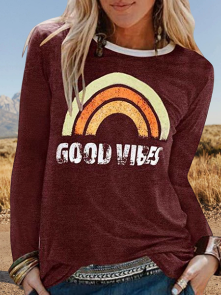

Casual Floral-print Crew Neck Long Sleeve T-shirt, Wine red, Tops