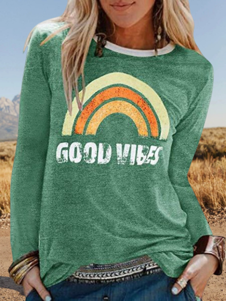 

T-shirt Casuale Stampato Floreale a Girocollo a Maniche Lunghe, Verde, Hoodies & Sweatshirts