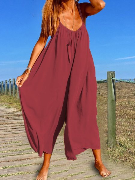 

Solido senza maniche Spaghettie tuta Largo Gamba Pantaloni, Rosso, Jumpsuits