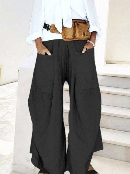 

Solid Cotton Wide Leg Pants, Black, Wide Leg Pants