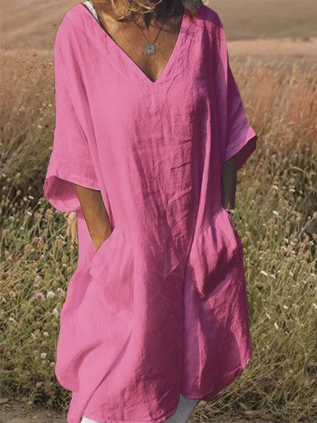 

Plus Size Casual V Neck Half Sleeve Pockets Dress, Rose, Midi Dresses