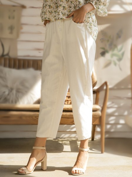 

Solid White Simple Cotton Shift Pants, P.M.C.T