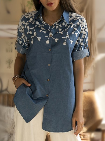 

Deep Blue Floral Shirt Collar 3/4 Sleeve Shift Blouse, Shirts & Blouses