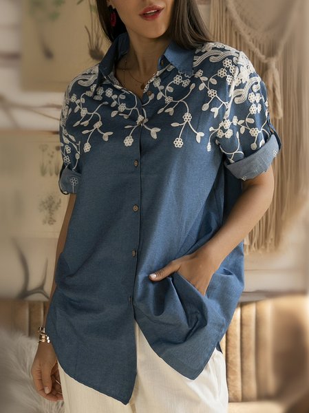 

Deep Blue Floral Shirt Collar 3/4 Sleeve Shift Blouse, Blouses & Shirts