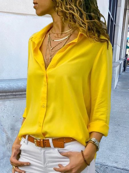 

Solid Long Sleeve Casual Stand Collar Chiffon Plus Size Blouse, Yellow, Blouses