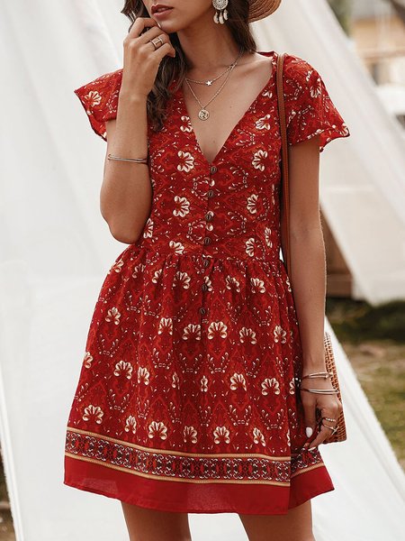 

Frill Sleeve Printed Holiday Midi Dress, Wine red, Mini Dresses