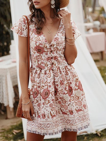 

V Neck Shift Beach Floral Holiday Midi Dress, Off white, Mini Dresses