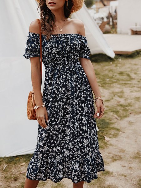 

Floral-prints Holiday Beach Midi Dress, Blue, Midi Dresses