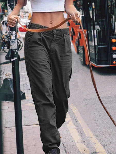 

Casual Plain Pockets Cargo Pants, Black, Pants