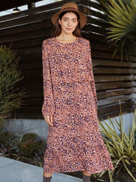 

Pink Crew Neck Floral Boho Long Sleeve Dress, Floral Dress