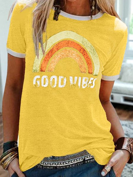 

Vintage Short Sleeve Rainbow Letter Printed Plus Size Casual Tops, Yellow, T-Shirts