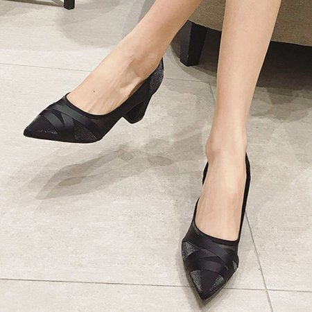

Mesh Chunky Heel Pointed Toe Sandals, Black, Pumps