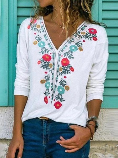 

Shift Casual Cotton-Blend Long Sleeve Tops, White-blue, Shirts & Blouses