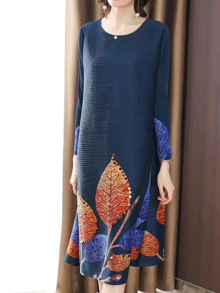 

Printed Leaf Beaded Elegant Midi Dress, Purplish blue, Dresses