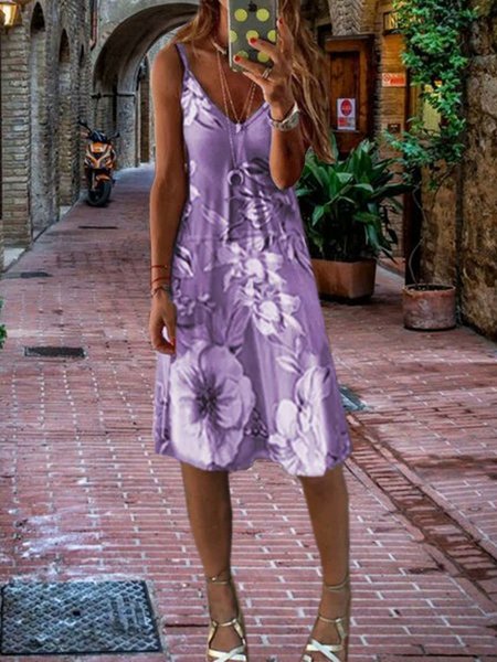 

Casuale Stampata Floreale Scollo a V senza maniche Midi Gonna, Viola, Dresses