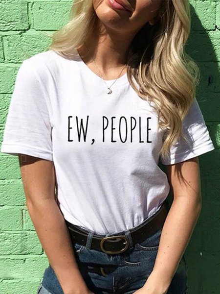 

Vintage Short Sleeve Letter EW People Printed Plus Size Casual Tops, White, Tops