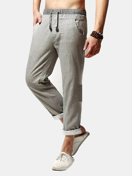 

Spring Summer Mens Linen Solid Color Loose Long Trousers Flax Leisure Pants, Light gray, Men's pants