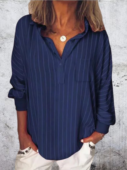 

Striped Long Sleeve Turn-Down Collar Top, Navy blue, Blouses