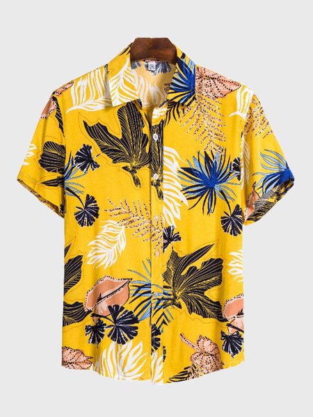 

Men's Printed Short Sleeve Shirt, Yellow, Men's Floral shirt