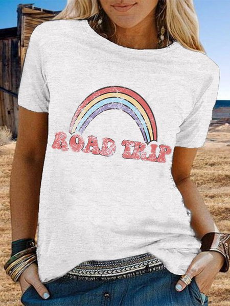 Vintage Short Sleeve Rainbow Letter Printed Plus Size Casual Tops Army Green/3XL