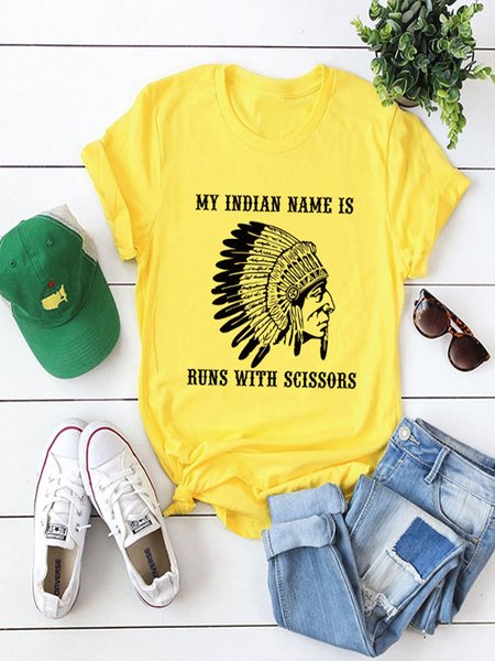 

Vintage Short Sleeve Letter Printed Plus Size Casual Tops, Yellow, Tops