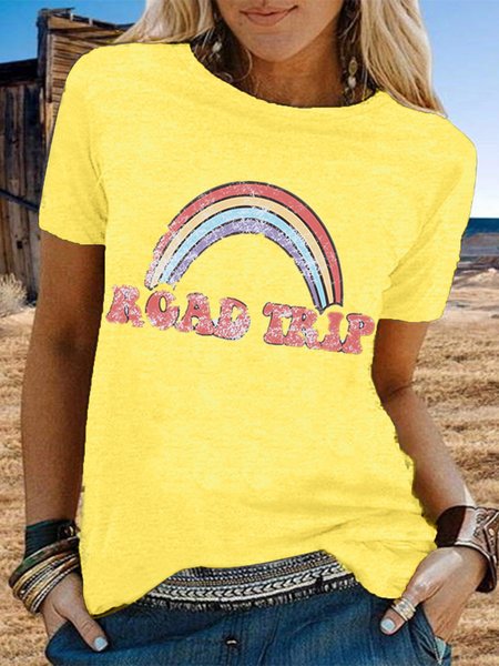 Vintage Short Sleeve Rainbow Letter Printed Plus Size Casual Tops Yellow/5XL